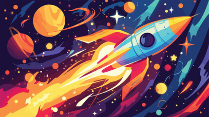 Rocket fly in outer space among stars. Rocketship w