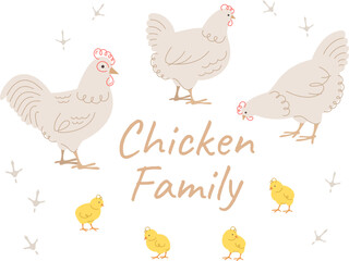 Cute doodle chicken family members. Hand drawn linear chicken, rooster and adorable chicks in different poses, isolated on white. Stylized vector cartoon illustration. Domestic farm birds. Full length