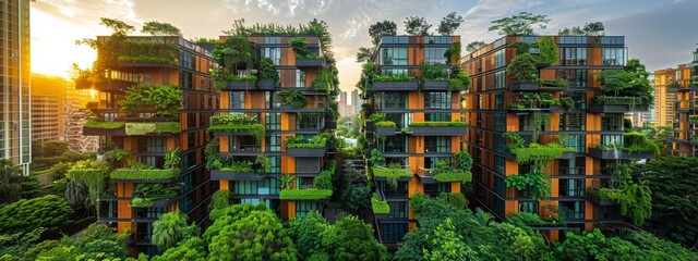 Fototapeta premium Green Cityscape: Panoramic View of Sustainable Urban Environment with Eco-Friendly Buildings