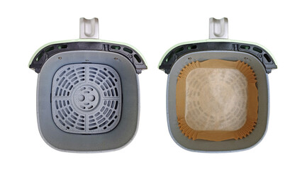 Top view of empty air fryer's basket with and without disposable greaseproof wax paper liner. Isolated on white background with clipping path. Healthy cooking concept without contaminating the fryer.