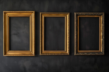 Trio of large gold frames on a black gallery wall, exuding luxury and modern elegance