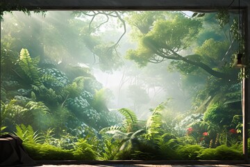 A vibrant and dense rainforest full of various plants and foliage, viewed through the window of a serene room.