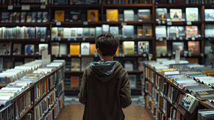 Fototapeta premium Trainee in the book trade stands in the bookstore. Find book. Library banner