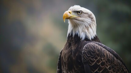 Obraz premium A bald eagle's imposing profile stands out, showcasing its iconic yellow beak and piercing gaze.