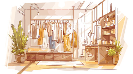 Rough sketch of clothing showroom interior with han