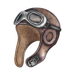 The pilot's helmet. Vintage retro illustration of an antique pilot's protective helmet, made in watercolor by hand. . Isolate it. For banners, flyers, posters. For badges, stickers and prints. © ANTONINA MASLOVA