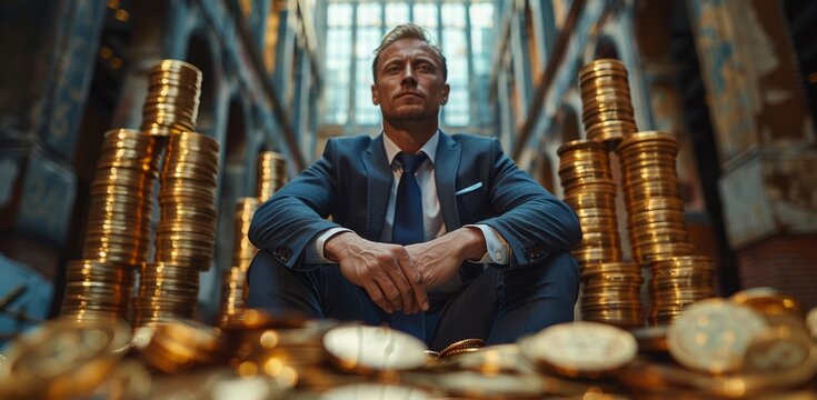 Challenging Wealth Preservation in Inflationary Times: Businessman Amidst Towering Skyscrapers and Currency Piles，Challenging Wealth Preservation in Inflationary Times: Businessman Amidst Towering Sky