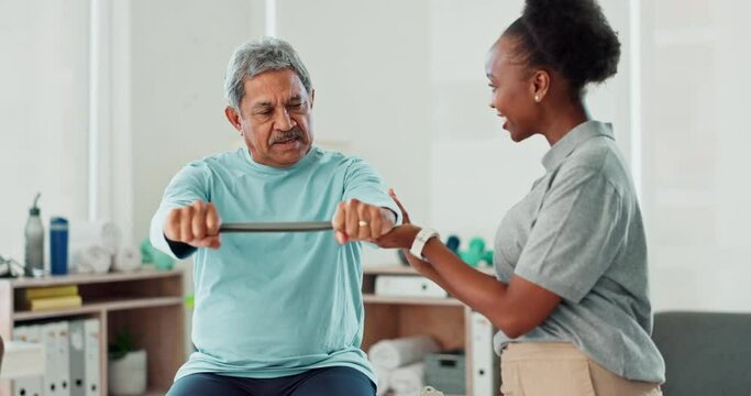 Resistance band, physiotherapy and elderly man in clinic for consultation with muscle recovery. Injury, healthcare and woman physical therapist helping senior male patient with medical arm exercise.