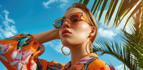 A beautiful woman wearing sunglasses and a floral shirt stands in front of palm leaves, with vibrant colors and a blue background. She has her face partially covered by the sun glasses