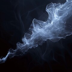 Ethereal waves formed from wispy white smoke against a dramatic black background with subtle blue lighting effects  