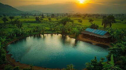 Fototapeta premium Serene View of Solar-Powered Water Purification System in Rural Village - Life-Changing Technology with Hopeful Community Impact