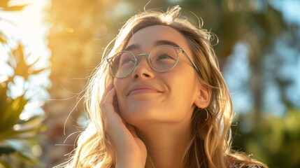 Woman smiling under golden sunlight
