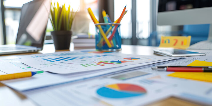 Close-up of a branding strategist's desk with brand identity guidelines and market research reports, symbolizing a job in branding strategy
