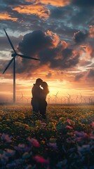 Capture a romantic scene in a vast wind turbine field under a sunset sky