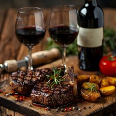 A succulent steak and a glass of wine placed on a wooden cutting board