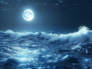 Moonlight illuminates the crests of crashing waves in shades of silver and blue against a dark blue background with twinkling stars 