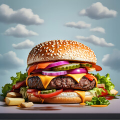 Photo of a tasty burger for shop, food lovers, business, etc. generative ai