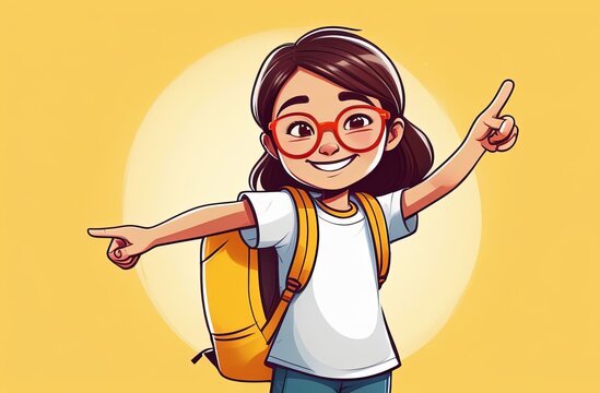 a girl with glasses and a backpack points in different directions
