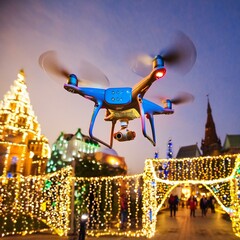 drone volant dans un marché de noël pendant les fête de fin d'année de nuit en ia