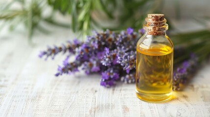 Lavender flowers and essential oil bottle on table