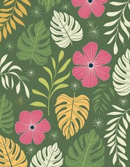 papier peint coloré avec des feuilles tropicales et des fleurs en ia