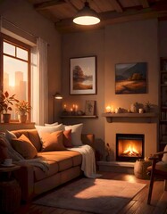 Cozy living room dimly lit, creating a warm and inviting atmosphere, Generative AI.