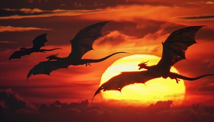 Capture the majestic silhouette of Dragons in flight