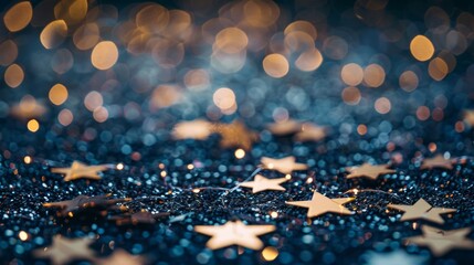 Close-up of golden stars scattered on a glittery blue surface, evoking a sense of wonder and festivity. - obrazy, fototapety, plakaty