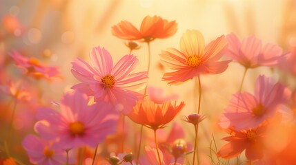 Pink flowers bask in the golden light of sunrise, capturing the delicate beauty and serenity of a fresh morning.