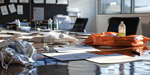 Close-up of a disaster relief coordinator's desk with emergency response plans and relief supply inventories, representing a job in disaster relief coordination