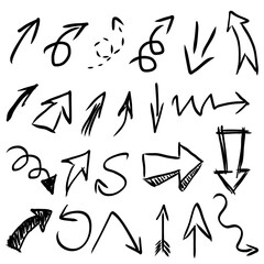Collection of hand drawn arrows in various styles and directions on a white background