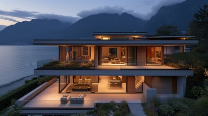 Fototapeta premium A stunning modern house with a beautiful view of the lake and mountains
