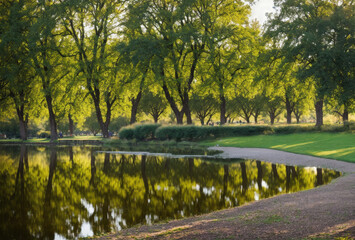 An urban park with areas designed for wildlife, featuring small ponds and shrubs. AI generated.