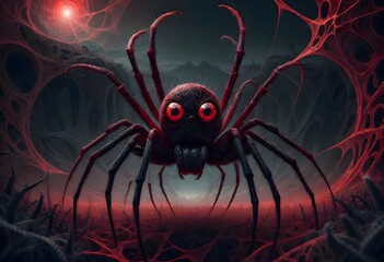 Creepy spider with red eyes, standing in a red background with menacing and scary appearance, Generative AI.