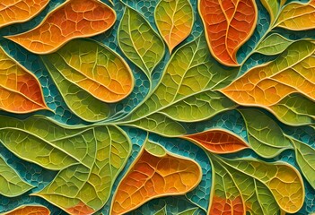 Obraz premium Green leafy background with brown leaves scattered throughout, creating a sense of depth and texture, Generative AI.