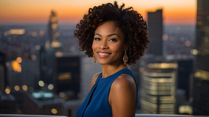 Happy wealthy rich successful black businesswoman standing in big city modern skyscrapers street on sunset thinking of successful vision, dreaming of new investment opportunities