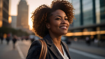 Fototapeta premium Happy wealthy rich successful black businesswoman standing in big city modern skyscrapers street on sunset thinking of successful vision, dreaming of new investment opportunities
