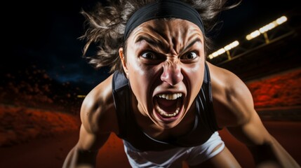 Female athlete with headband screaming while running