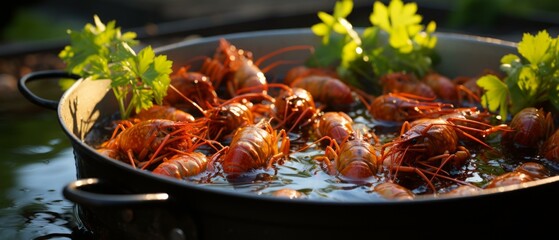 A pot of cooked crawfish with parsley