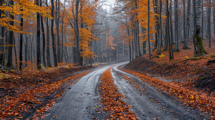 A road in the forest with autumn leaves on both sides, foggy weather, and a road covered in gravel, creating an atmosphere of mystery and tranquility. Created with Ai