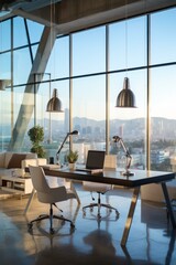 Modern office interior with large windows and city view