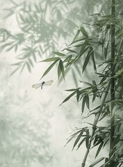 A dragonfly flies near some bamboo plants