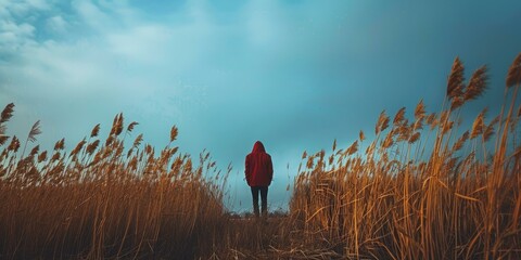 Man in red jacket standing alone in a vast field of wheat