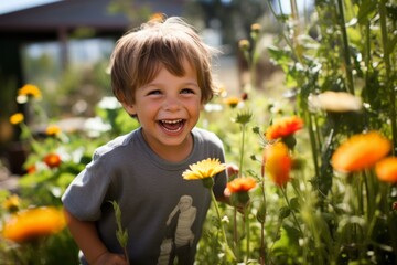 Little boy laughing in a field of flowers
