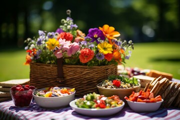 A picnic in the park with a beautiful bouquet of flowers as the centerpiece