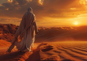 A figure in a white robe walks through a desert landscape