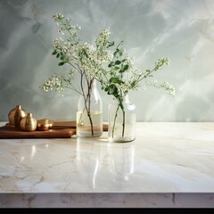 Two glass vases with white flowers on marble table