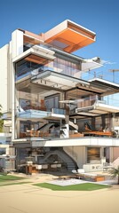 futuristic house with glass walls and large terrace