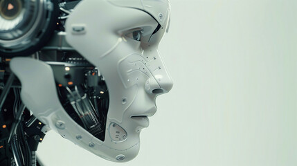 Fototapeta premium Portrait of anthropomorphic robot woman on a white background, close-up. Cyborg. AI concept. Isolated.