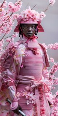 Black female samurai in pink cherry blossom samurai armor